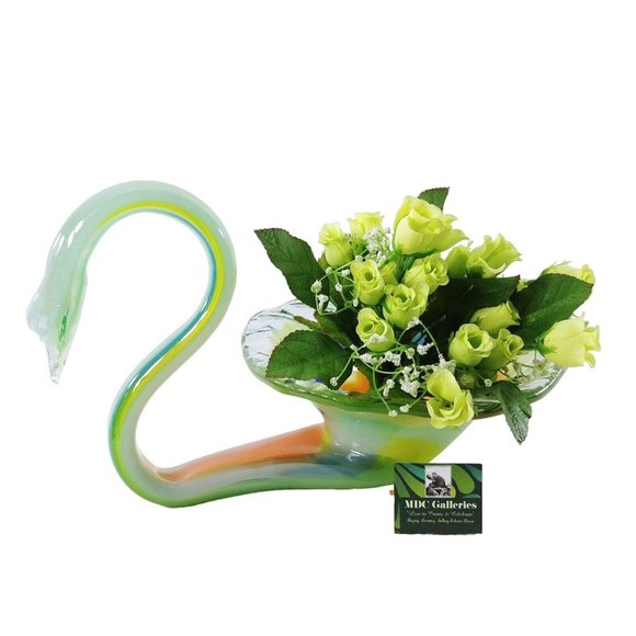 Art Glass Swan Hand Blown Bowl Floral Candy Dish Centerpiece Artisan Made - Picture 8 of 9